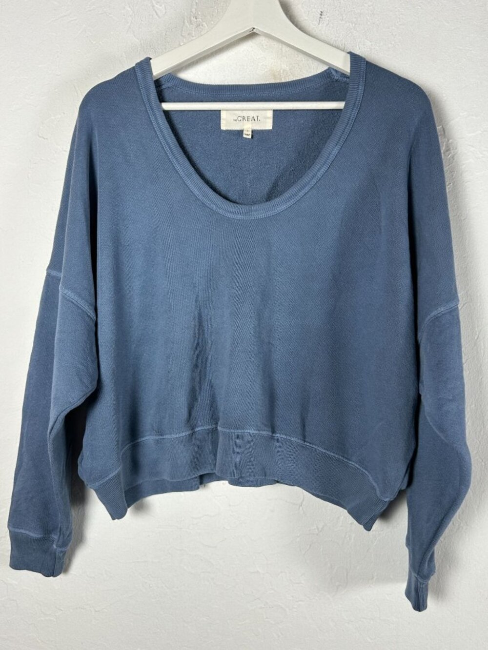 THE GREAT. Womens U-Neck Sweatshirt Blue Faded Boxy Cropped Cotton Size 1 USA